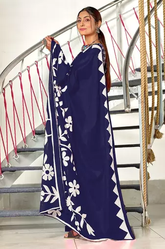 Navy blue floral print mulmul cotton saree with blouse.