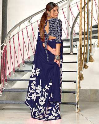 Navy blue floral print mulmul cotton saree with blouse. 4