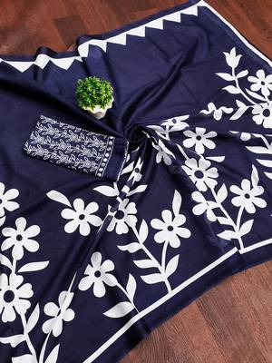 Navy blue floral print mulmul cotton saree with blouse. 5