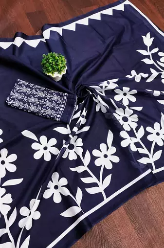 Navy blue floral print mulmul cotton saree with blouse.