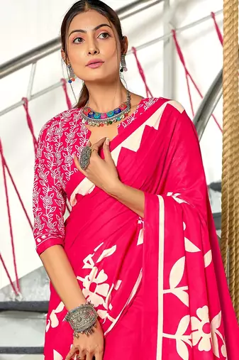 Pink floral print mulmul cotton saree with blouse.
