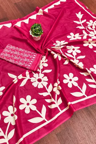 Pink floral print mulmul cotton saree with blouse.