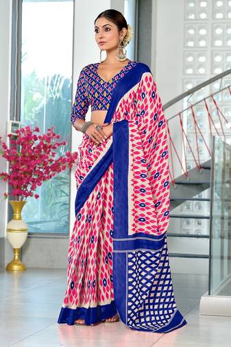 Blue ikkat print mulmul cotton saree with blouse.