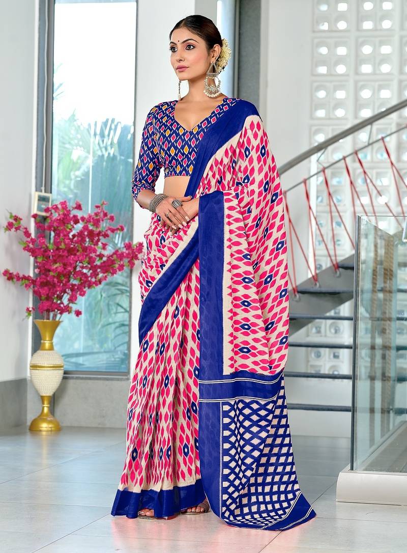 Blue ikkat print mulmul cotton saree with blouse.