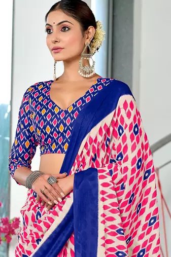 Blue ikkat print mulmul cotton saree with blouse.