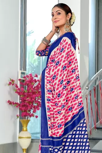 Blue ikkat print mulmul cotton saree with blouse.