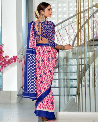 Blue ikkat print mulmul cotton saree with blouse. 4