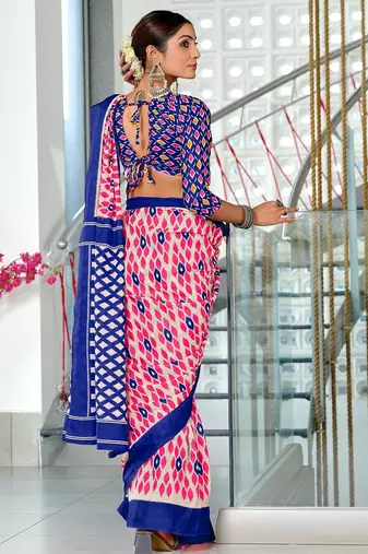 Blue ikkat print mulmul cotton saree with blouse.