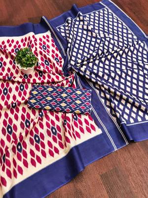 Blue ikkat print mulmul cotton saree with blouse. 5
