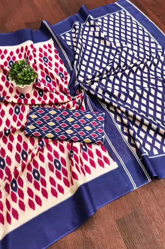 Blue ikkat print mulmul cotton saree with blouse.