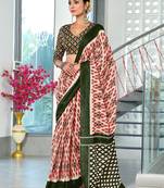 Green ikkat print mulmul cotton saree with blouse.