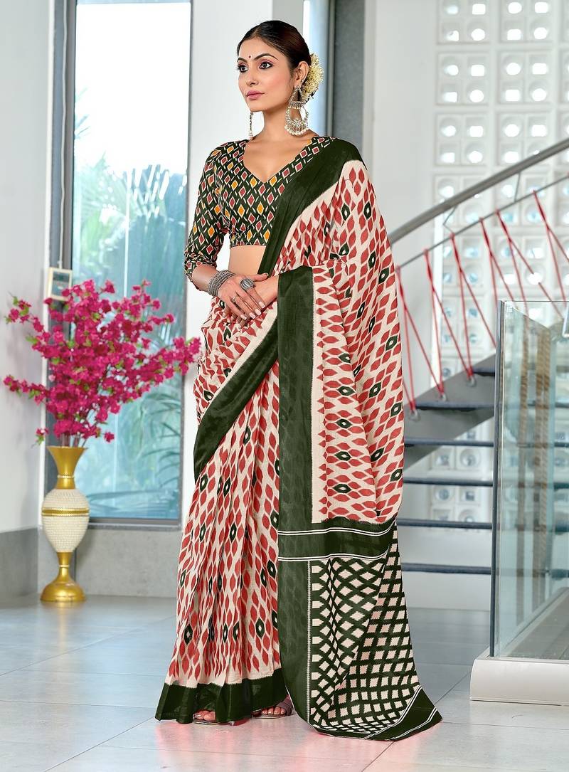 Green ikkat print mulmul cotton saree with blouse.