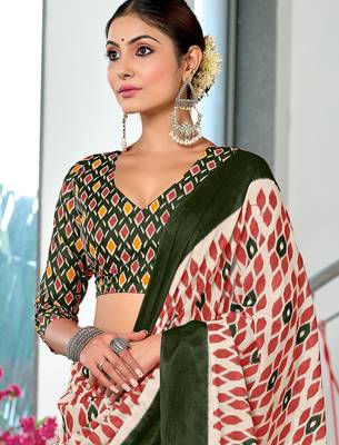 Green ikkat print mulmul cotton saree with blouse. 2