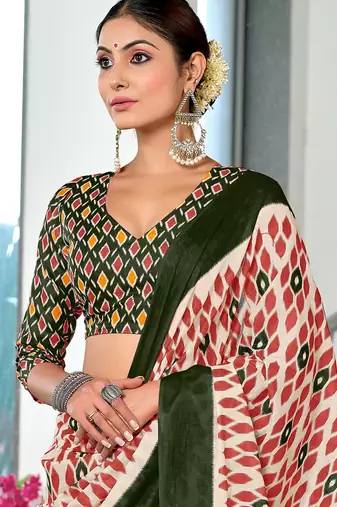 Green ikkat print mulmul cotton saree with blouse.