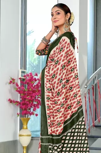 Green ikkat print mulmul cotton saree with blouse.