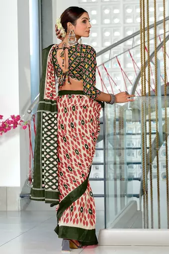 Green ikkat print mulmul cotton saree with blouse.