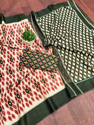 Green ikkat print mulmul cotton saree with blouse. 5