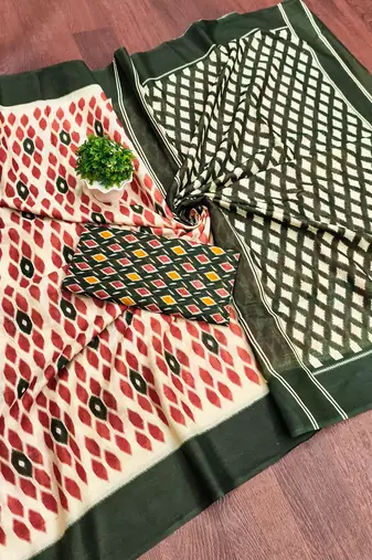Green ikkat print mulmul cotton saree with blouse.