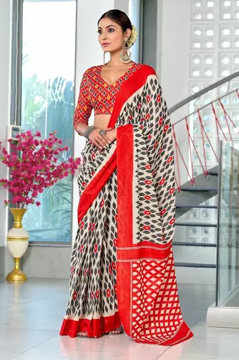 Red ikkat print mulmul cotton saree with blouse.