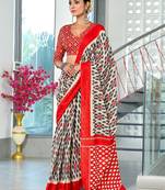 Red ikkat print mulmul cotton saree with blouse.