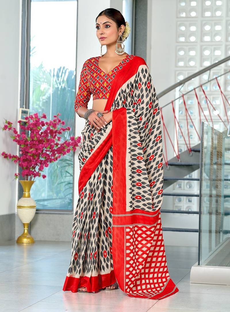 Red ikkat print mulmul cotton saree with blouse.