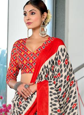 Red ikkat print mulmul cotton saree with blouse. 2