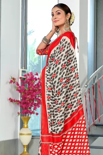 Red ikkat print mulmul cotton saree with blouse.