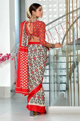 Red ikkat print mulmul cotton saree with blouse.