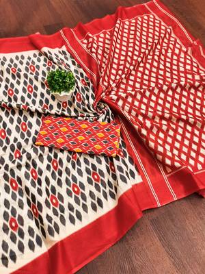 Red ikkat print mulmul cotton saree with blouse. 5