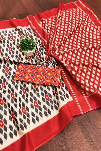 Red ikkat print mulmul cotton saree with blouse.