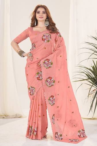 Peach Color Thread Work Silk Saree
