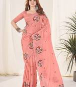 Peach Color Thread Work Silk Saree
