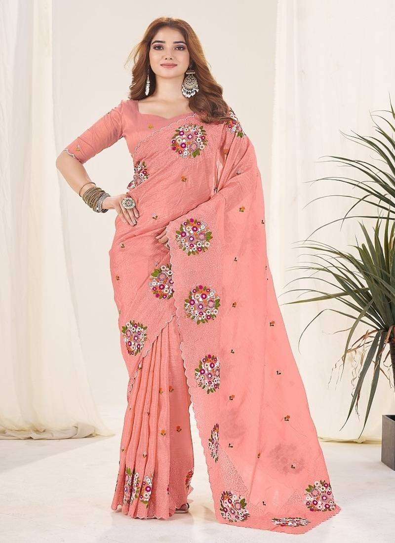 Peach Color Thread Work Silk Saree