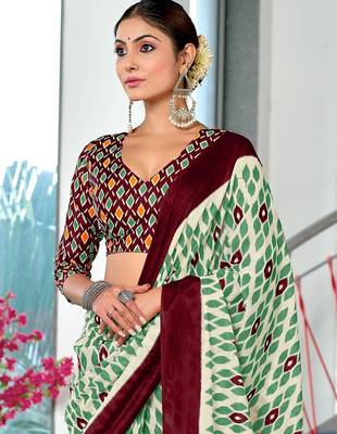 Wine ikkat print mulmul cotton saree with blouse. 2