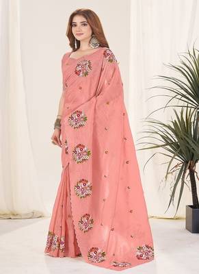 Peach Color Thread Work art silk saree 2