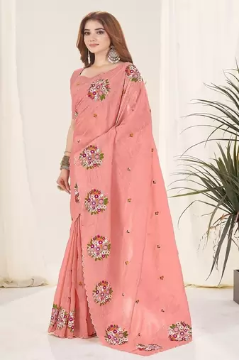 Peach Color Thread Work art silk saree