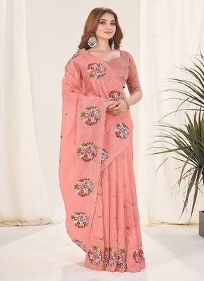 Peach Color Thread Work art silk saree 3
