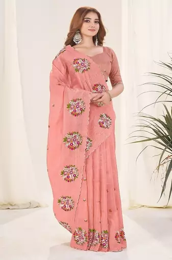 Peach Color Thread Work art silk saree