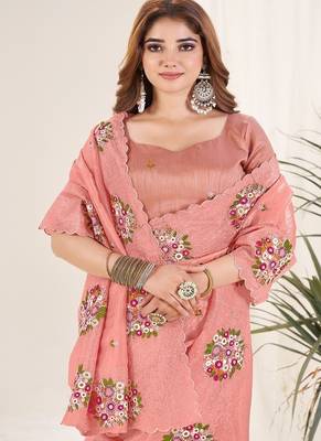 Peach Color Thread Work art silk saree 4