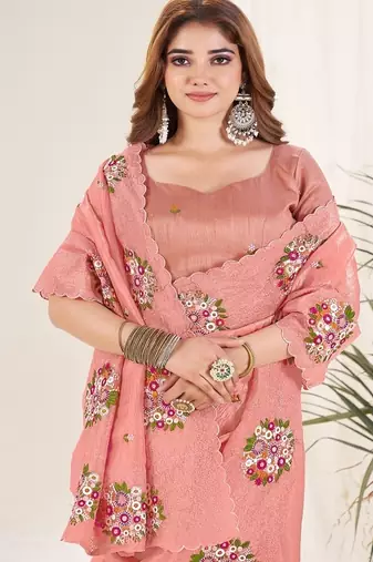Peach Color Thread Work art silk saree