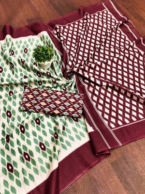Wine ikkat print mulmul cotton saree with blouse. 5