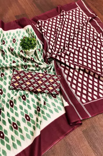 Wine ikkat print mulmul cotton saree with blouse.
