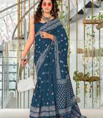 Blue floral print mulmul cotton saree with blouse.