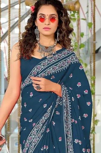 Blue floral print mulmul cotton saree with blouse.