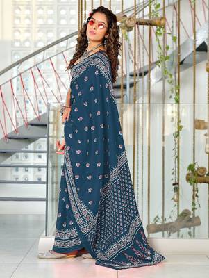 Blue floral print mulmul cotton saree with blouse. 3