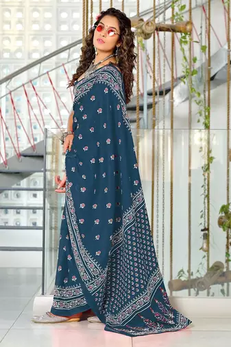 Blue floral print mulmul cotton saree with blouse.