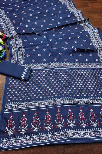 Blue floral print mulmul cotton saree with blouse.