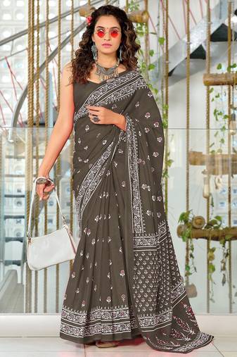 Brown floral print mulmul cotton saree with blouse.