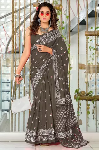 Brown floral print mulmul cotton saree with blouse.
