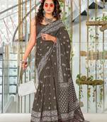 Brown floral print mulmul cotton saree with blouse.